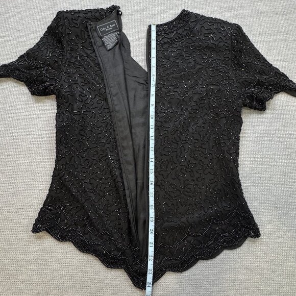 Cote D Azur Evening Womens M Black Beaded Silk Blouse Short Sleeve Back Zip NWT - Picture 11 of 16